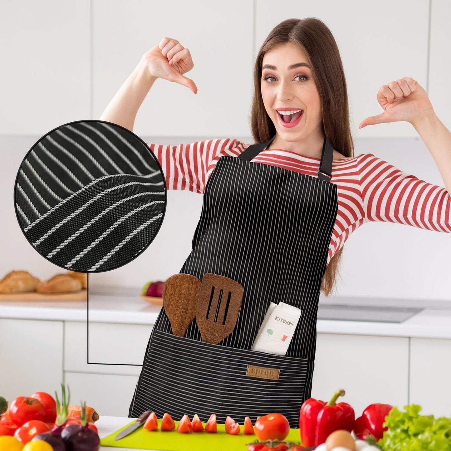 BeLuyi 2 Pack Adjustable Bib Apron with 2 Pockets Chef Cooking Kitchen Restaurant Aprons for Women Men (Black Pinstripe)