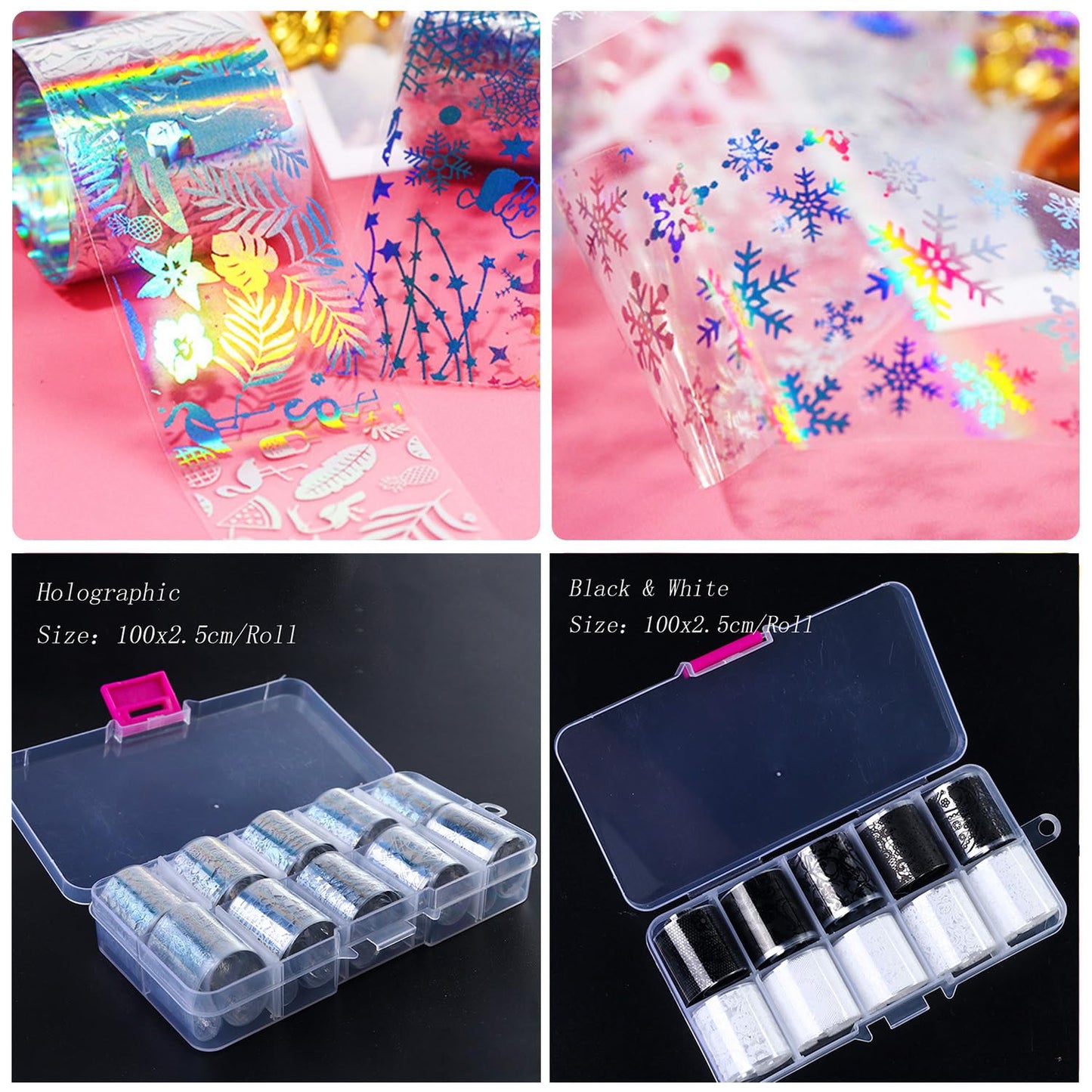 JERCLITY 20 Rolls Nail Foil Transfer Sticker Kit 10 Black White Lace Flower Nail Foil Sheets 10 Holographic Laser Snowflake Transfer Nail Art Decals Wraps