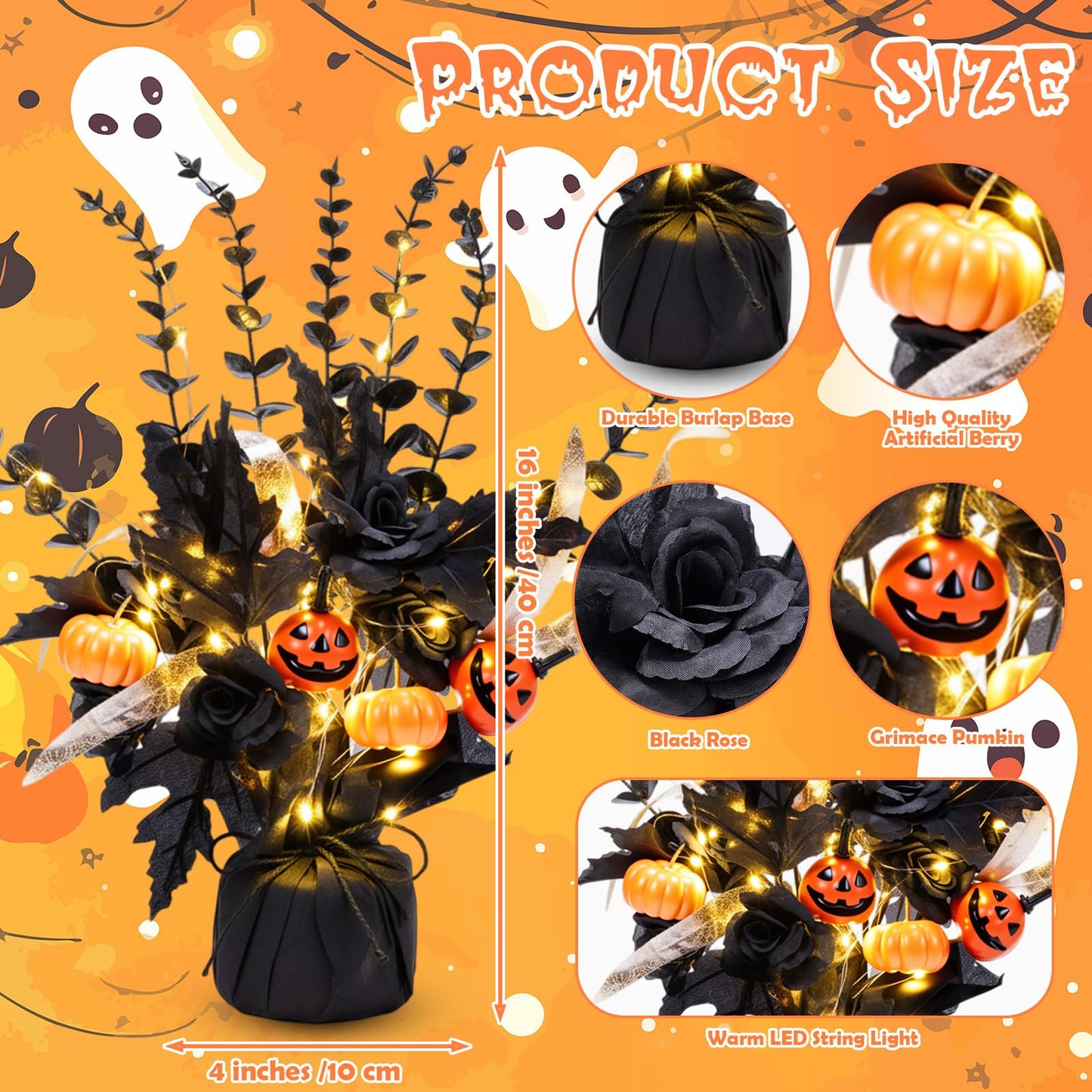 Pinkunn 2 Packs Halloween Centerpiece for Table, Halloween Table Tree Decoration with Light, Artificial Pumpkin Tabletop Tree 16 Inches with Black Eucalyptus Branches Burlap Base Decor for Home Indoor