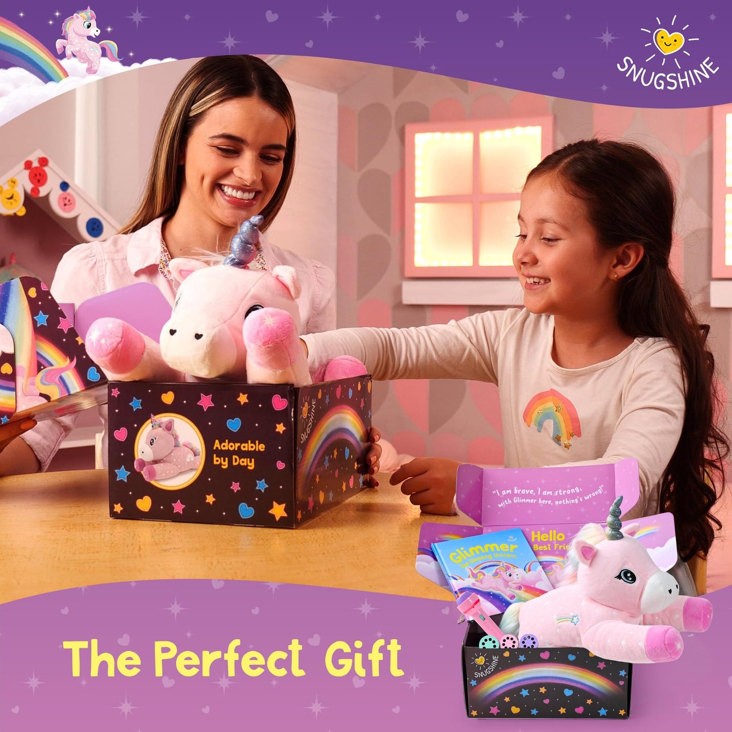 SNUGSHINE Glow in the Dark Unicorn Plush with Book & Flashlight Projector, 18 Inch Unicorn Stuffed Animal and Book Set, Light Up Toy Stuffies for Girls Gift Set, Bedtime Help Sleep Aid