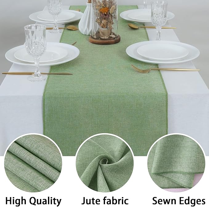 B-COOL Burlap Table Runner 2 Pieces Light Green Thanksgiving Table Runners Long for Boho Rustic Jute Home Farmhouse Coffee Wedding Party Table Decor 12x84inch