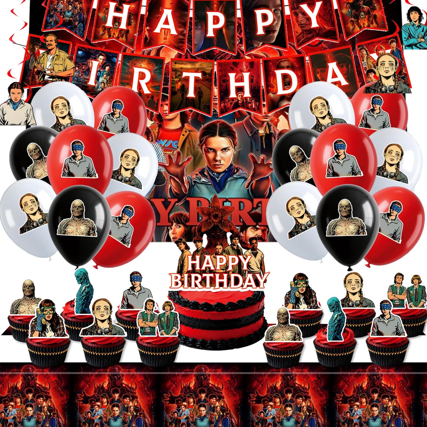 Birthday Decorations Party Supplies Kit – Backdrop, Tablecloth, 15-Piece Banner, 18 Balloons, Big Topper, 24 Cupcake Toppers, 6 Hanging Swirls & 51 Stickers (117Pcs)