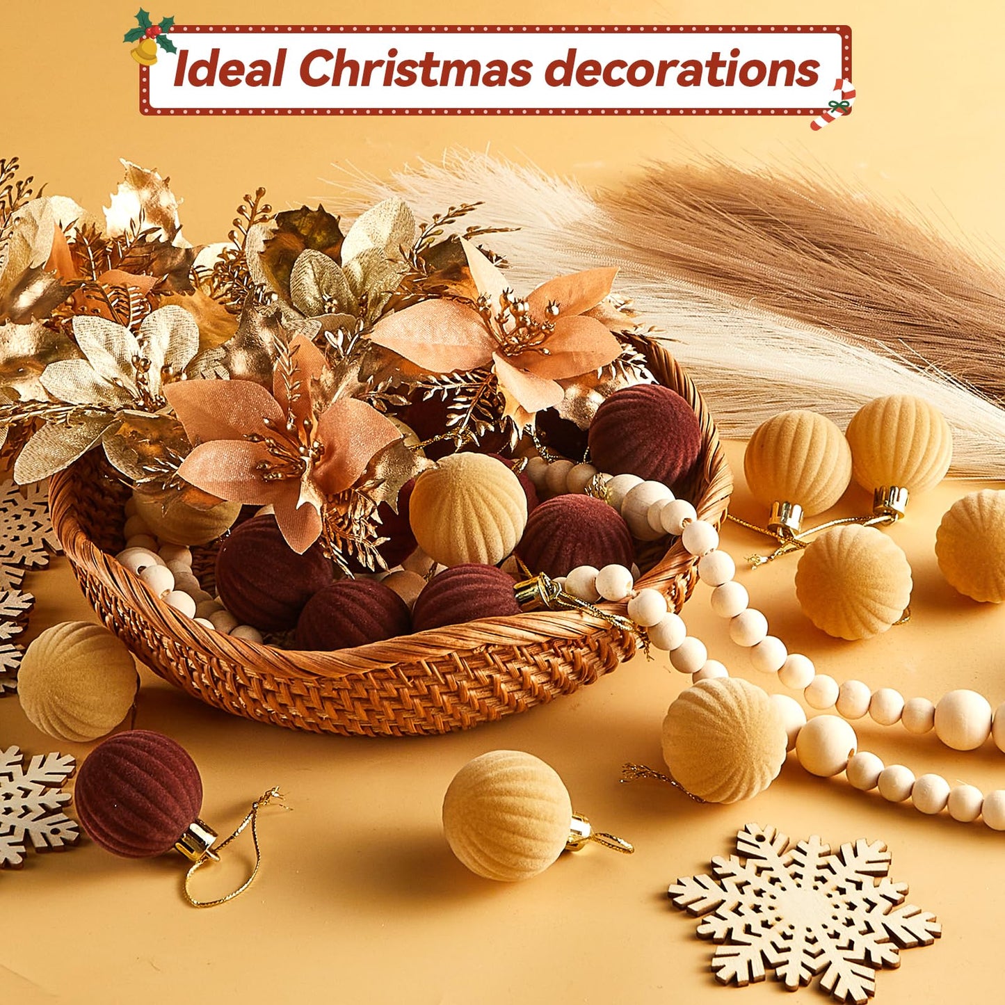 63Pcs Boho Christmas Tree Decoration Set Neutral Boho Christmas Tree Ornaments Wooden Bead Bow Xmas Balls Artificial Flowers and Grass DIY Decor Craft for Holiday Wedding Party Supplies Gifts