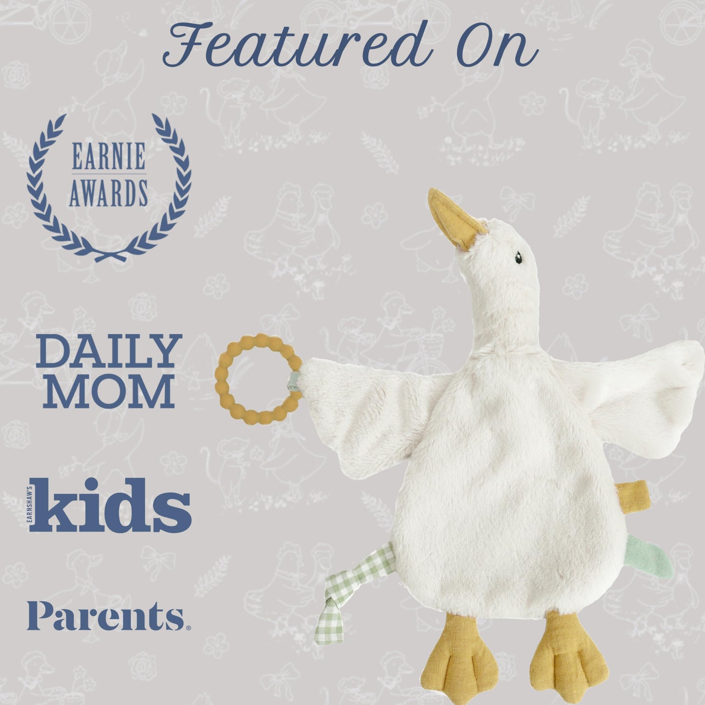 MON AMI PRU Goose Teether Lovie | 12-Inch Baby Security Blanket with Silicone Teether | Soft Plush Lovey for Teething Relief & Comfort