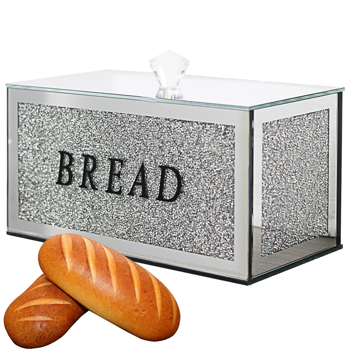 HMRCYTE Large Crystal Glass Bread Container Box with Lid, 12.2" L x 6.3" W x 7.9" H Silver Homemade Bread Storage, Crushed Diamond Home Decor, Keep Bread Fresh Clean, Bread Bin for Kitchen Countertop
