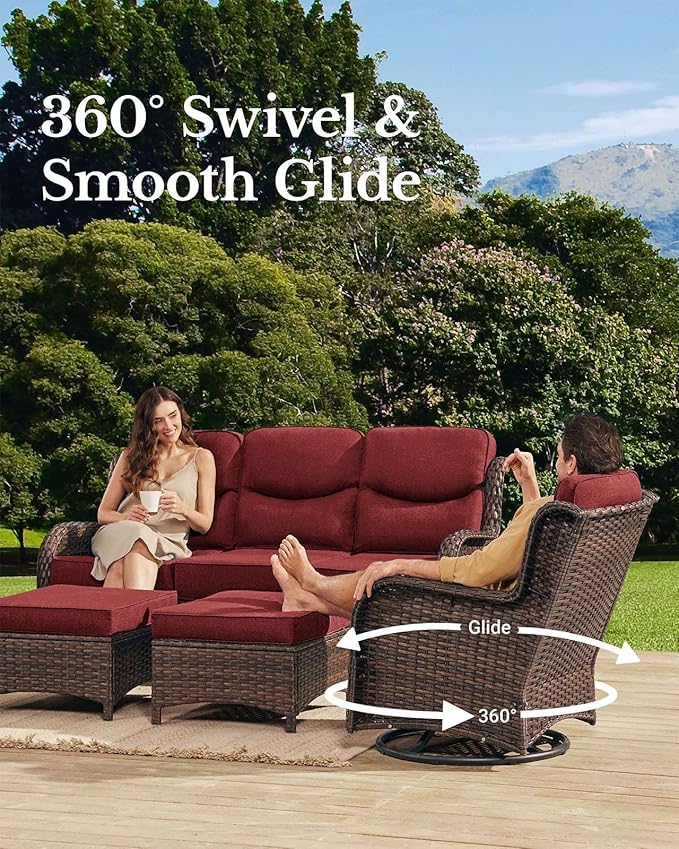 HILLGA Luxury Patio Furniture Set with 6-Inch Thick Cushions, High Back Outdoor Swivel Rocker Chairs and Patio Couch, 11-Piece All Weather Conversation Set for Porch Deck Pool Yard, Burgundy (V3)