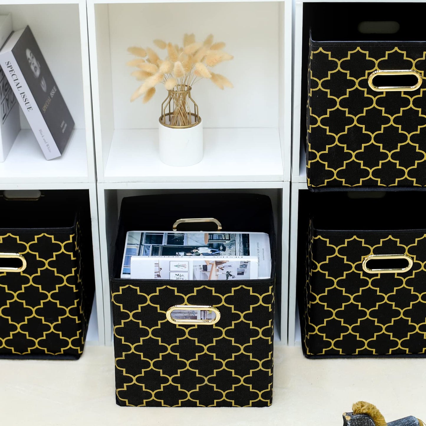 Yunkeeper Fabric storage bins Cubes, Fabric Cube Organizer with Handle, Foldable Cube Bins for Cloth or Accessary Storage, 11x11x11, Set of 3, (Black Gold)