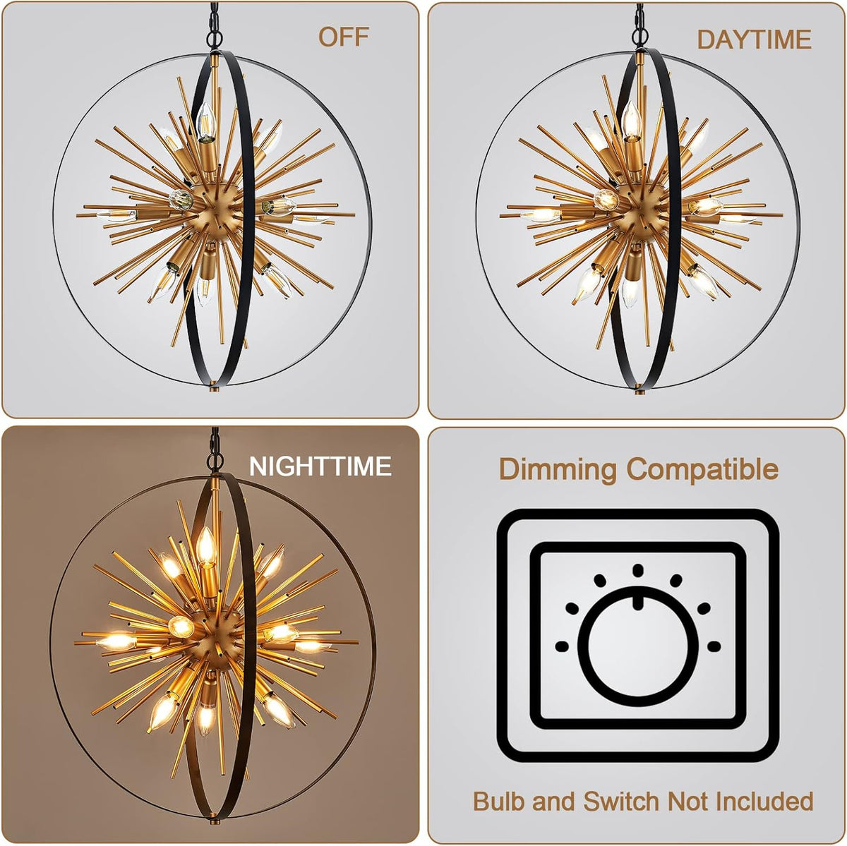 23.2'' Black Gold 12-Light Globe Sputnik Chandelier Modern Industrial Adjustable Hanging Ceiling Firework Pendant Light Fixture for Entryway Foyer Bedroom Dining Living Room Hallway