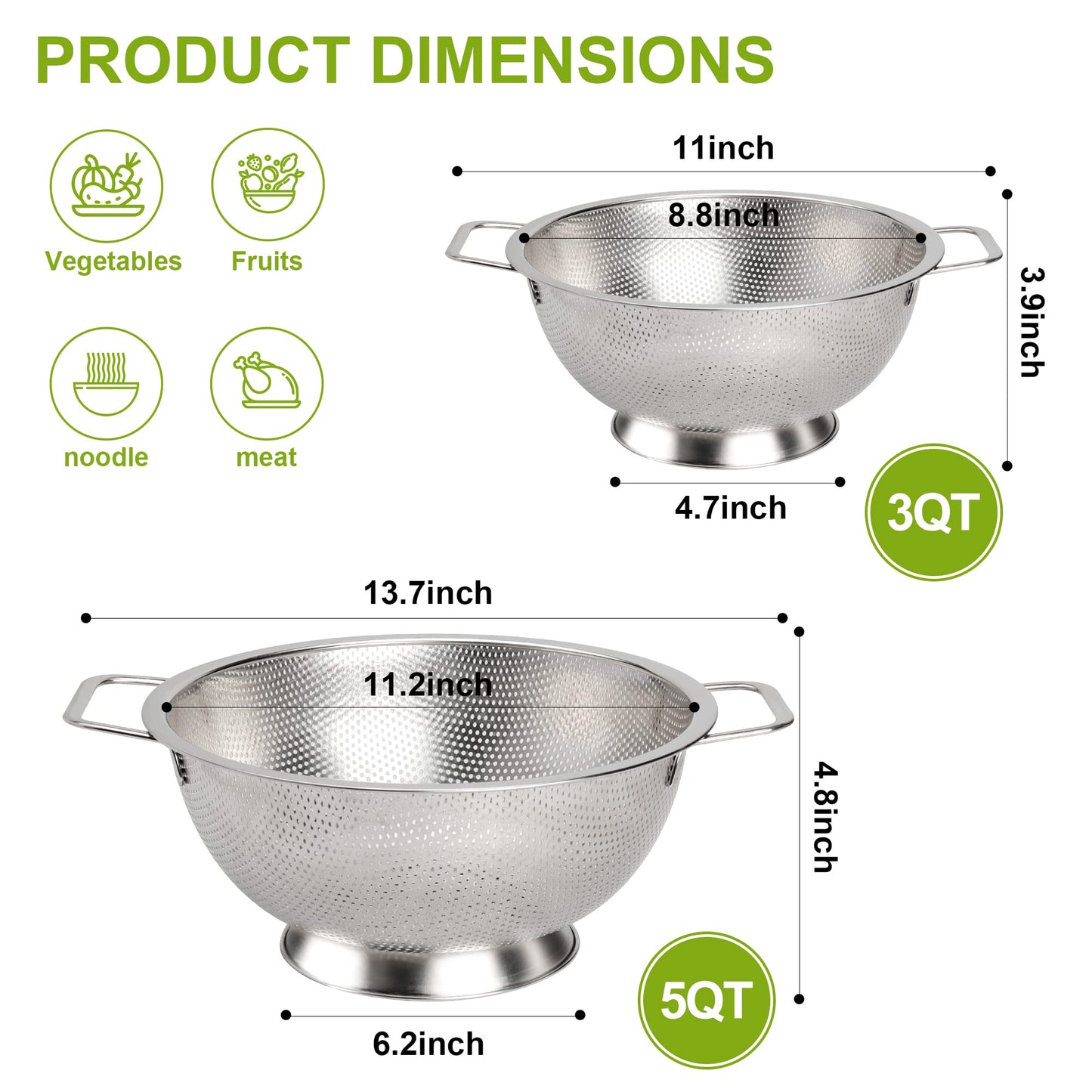 Gulex Colander Stainless Steel 3-Quart, Strainer for Kitchen Food, Dishwasher Safe