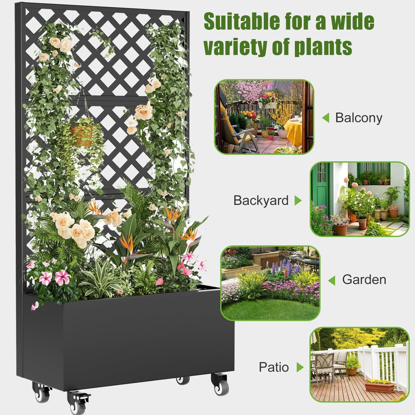 72" Metal Planter Box with Trellis Outdoor and Wheels,Planter with Trellis Privacy Screen, Raised Garden Bed with Trellis and Drainage Holes for Climbing Plants, Vegetables, Vines
