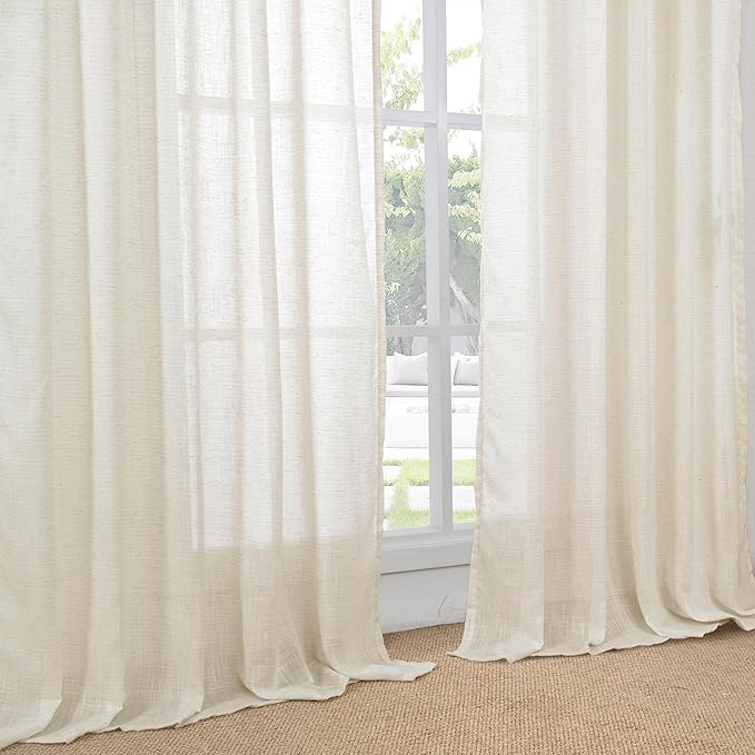BGment Extra Long Beige Linen Curtains 96 Inch Length for Living Room - Light Filtering Window Treatments with Rod Pocket for Farmhouse Bedroom, 2 Panels, Each Panel 52 Inch Wide