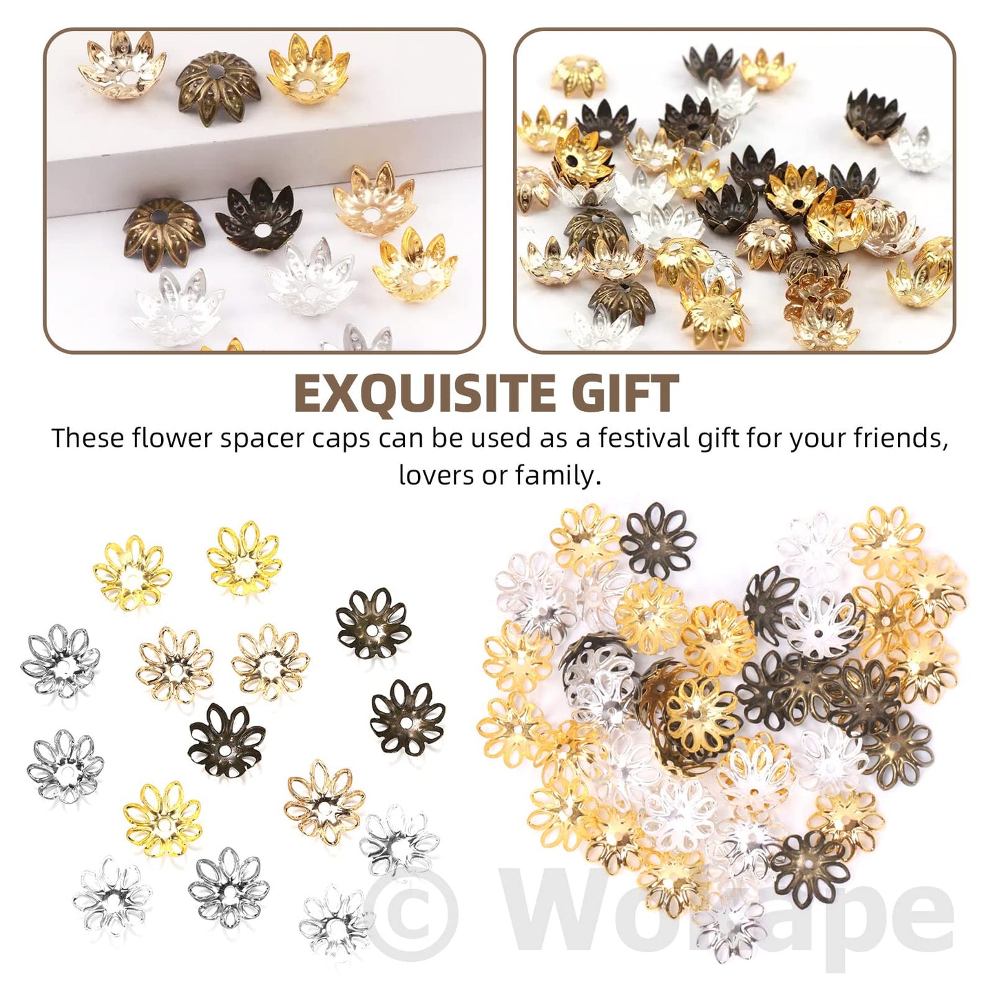 Wokape 2100Pcs 4 Sizes Flower Bead Caps Spacers Assortment Kit for Jewelry Making, Hollow Filigree Beads End Caps Jewelry Findings Accessories
