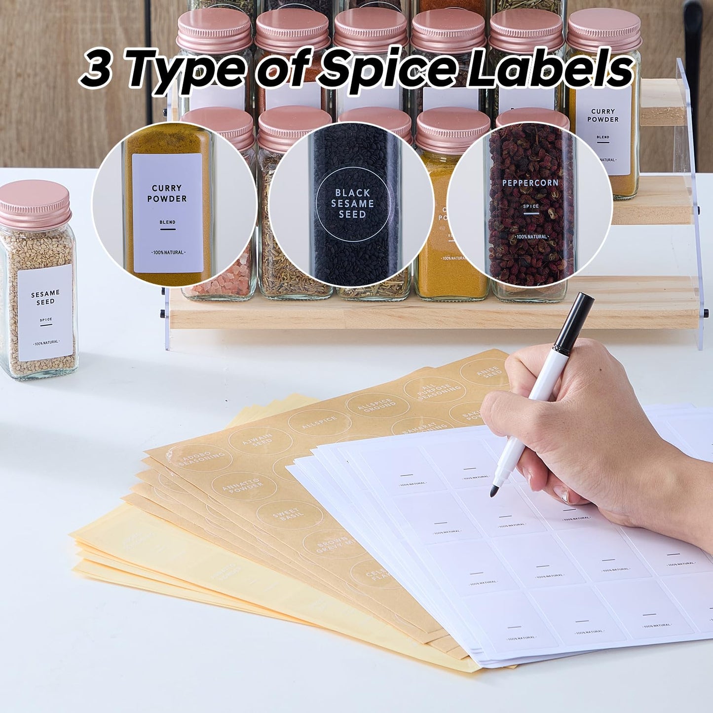 Fiwence 24 Pcs Glass Spice Jars with Labels and Pink Metal Caps, 4oz Empty Spice Containers with Shaker Lids, Funnel, Pen,Seasoning Storage Bottles for Spice Rack, Cabinet, Drawer