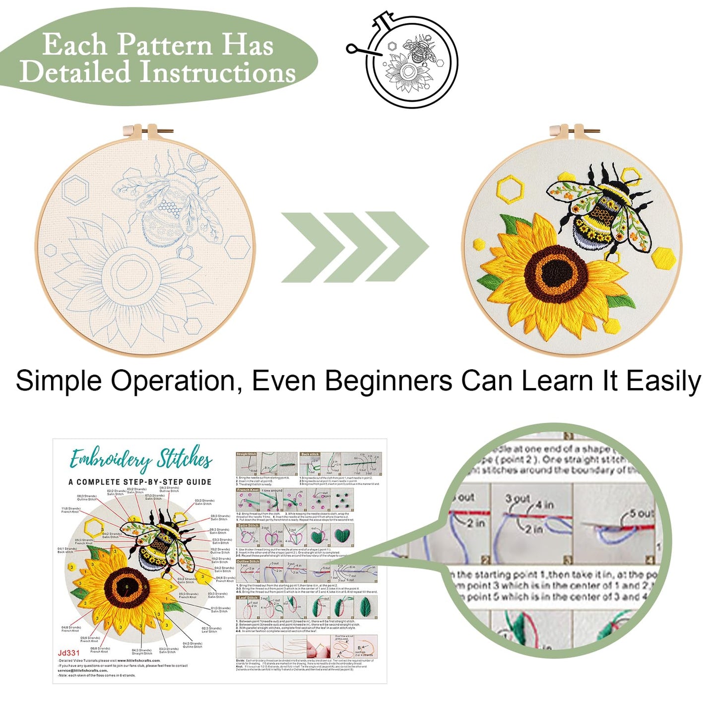 Nuberlic 3 Pack Embroidery Kit for Beginner Adults, Cross Stitch Set with Cute Bee Patterns, Includes Cloth, Hoops, Threads, Needles, Instructions