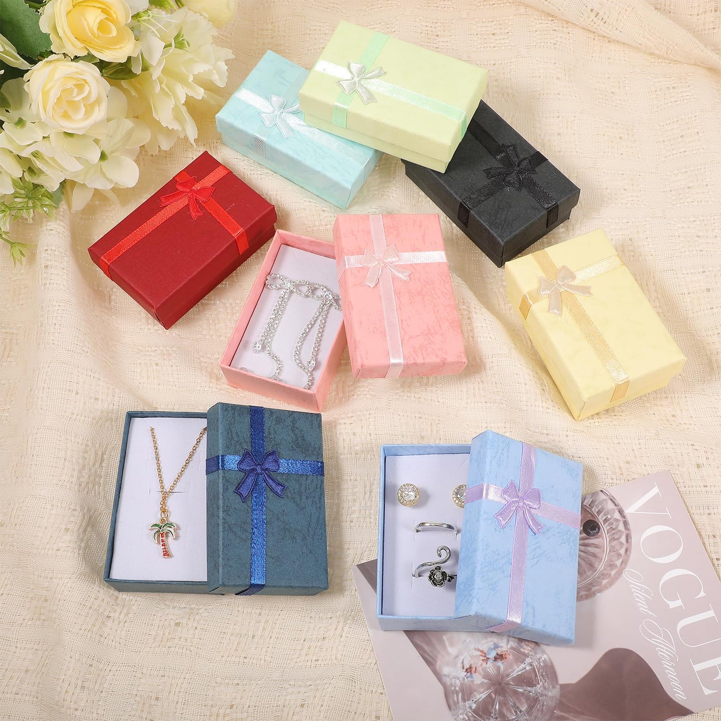 zisiueel 96 Pcs Jewelry Gift Boxes Set Empty Small Gift Cardboard Boxes for Jewelry Packaging with Ribbon Bowknot for Anniversaries Weddings Birthday, 8 Colors