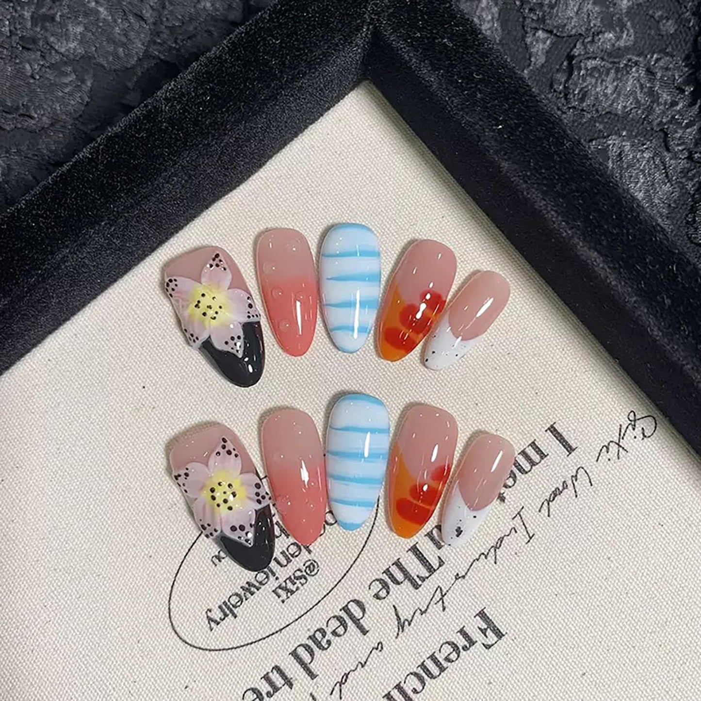 Luxury Press on Nails Medium Almond Handmade 3D Unique Reusable ABS Material Fake Nails French Tip False Nails with Designs Flower Water Drop Art Petal Glossy Glue onThick Acrylic Nails(M)