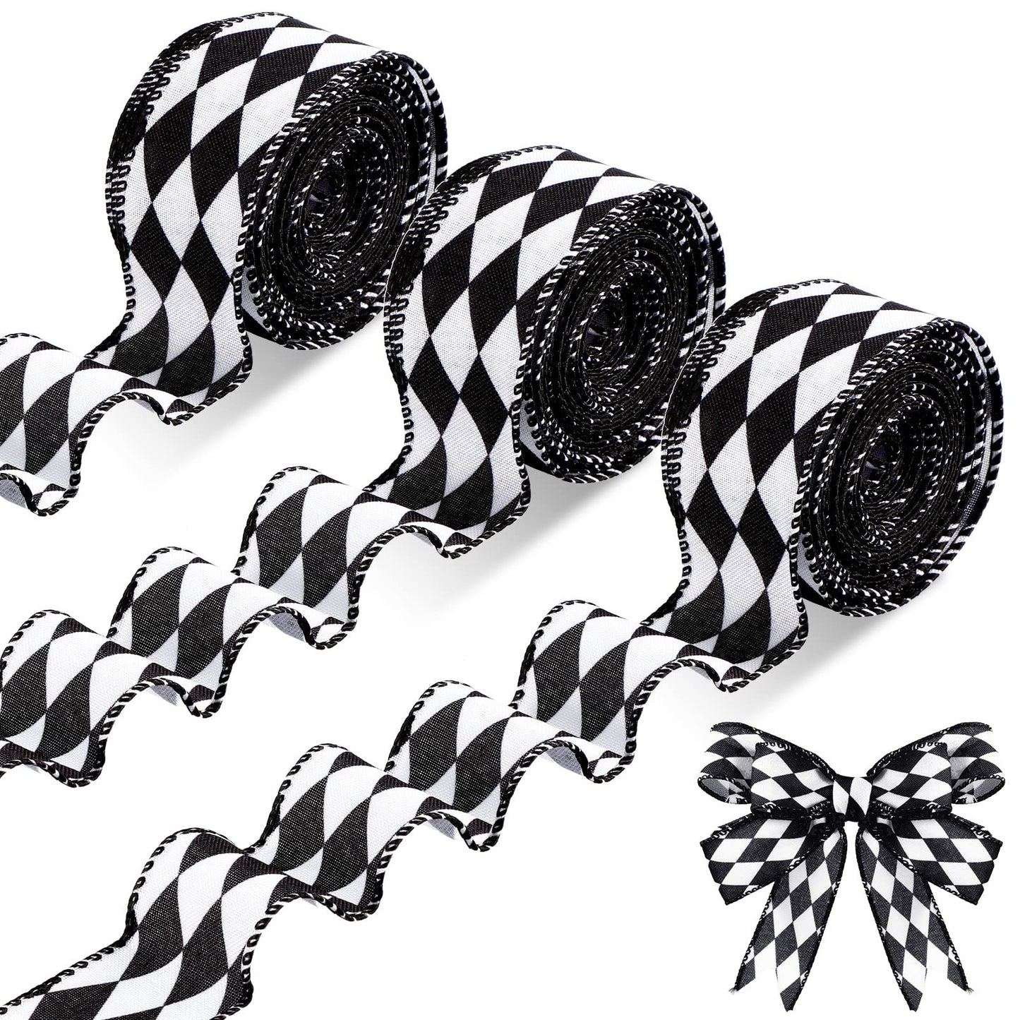 Luinabio 3 Rolls 30 Yard 1.5 Inch Christmas Black White Harlequin Ribbon Checkered Wired Ribbon Decorative for Xmas Fall Tree Wrapping Wreath Bouquet Crafts (Classic Style)