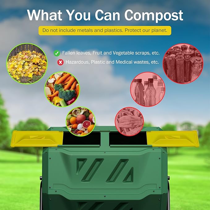 F2C Compost Bin Outdoor Dual Chamber Tumbling Composter 43 Gallon BPA Free Large Tumbler Composters Tumbling or Rotating w/Sliding Doors & Solid Steel Frame Garden Yard Black