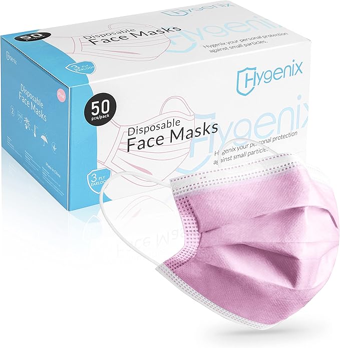 Hygenix Pink 3ply Disposable Face Masks PFE 99% Filter Quality Tested by a US lab(Pack of 50 Pcs)