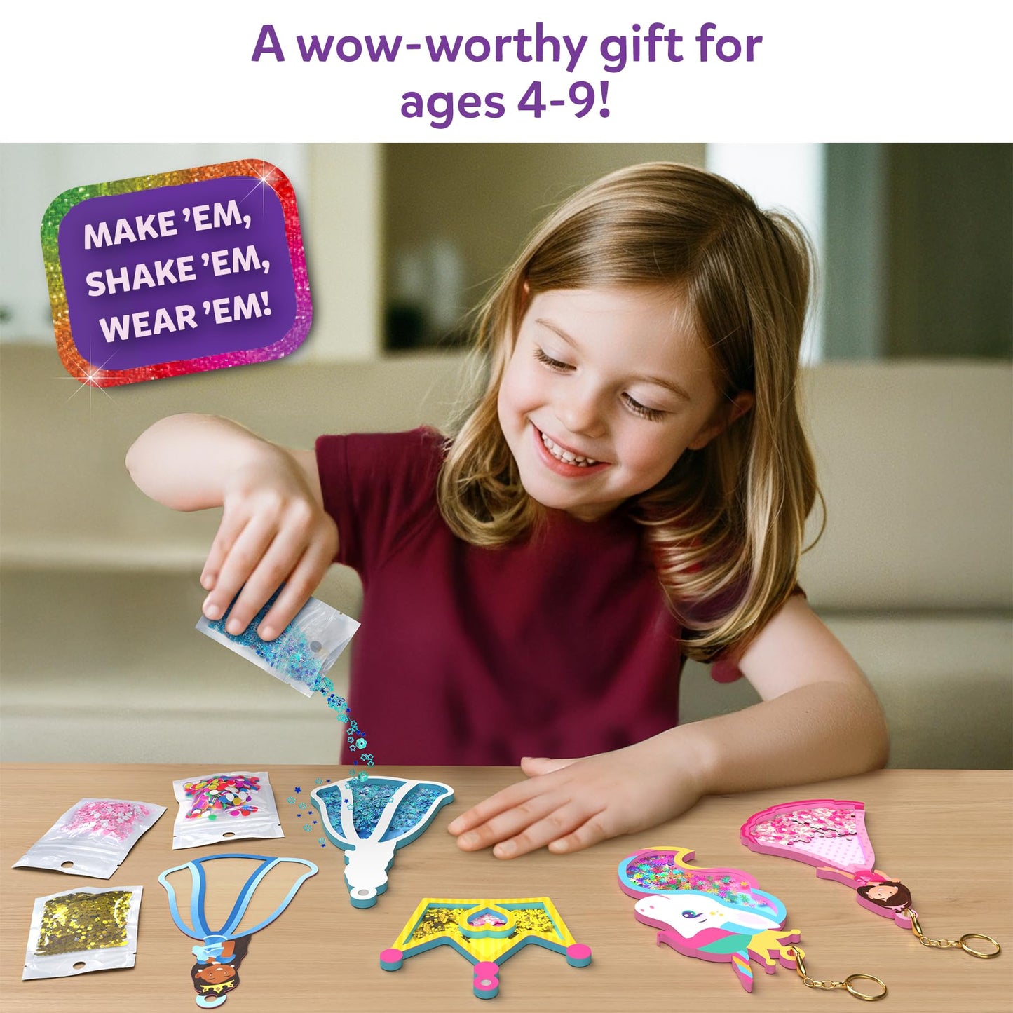 Skillmatics Shake-its – Glitter Craft Kit for Kids, DIY Arts & Crafts with Keychains, Mess-Free Activity, Unicorns & Princesses, Travel Toy, Birthday Gift for Girls & Boys Ages 4, 5, 6, 7, 8, 9