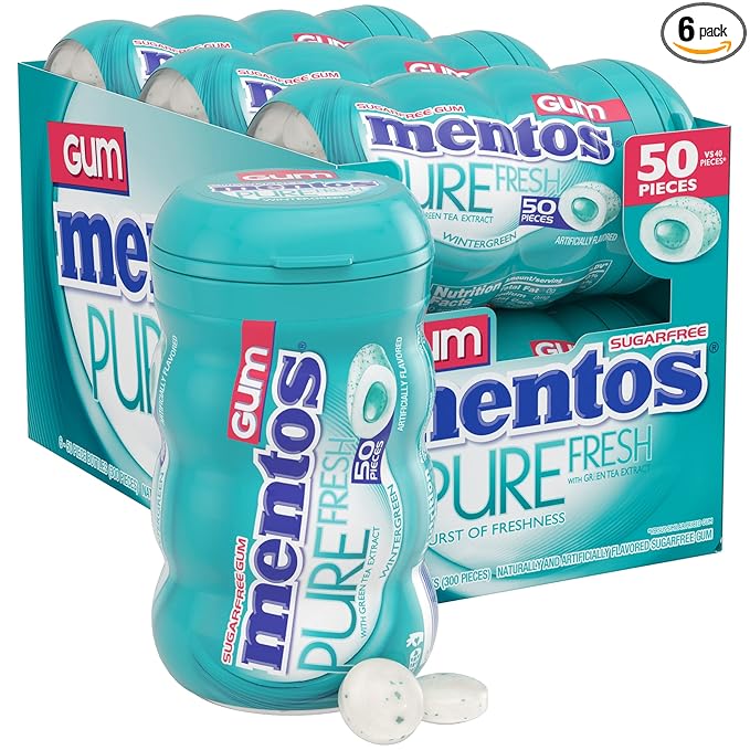 Mentos Pure Fresh Sugar-Free Chewing Gum with Xylitol, Wintergreen, Bulk, 50 Count ( Pack of 6)
