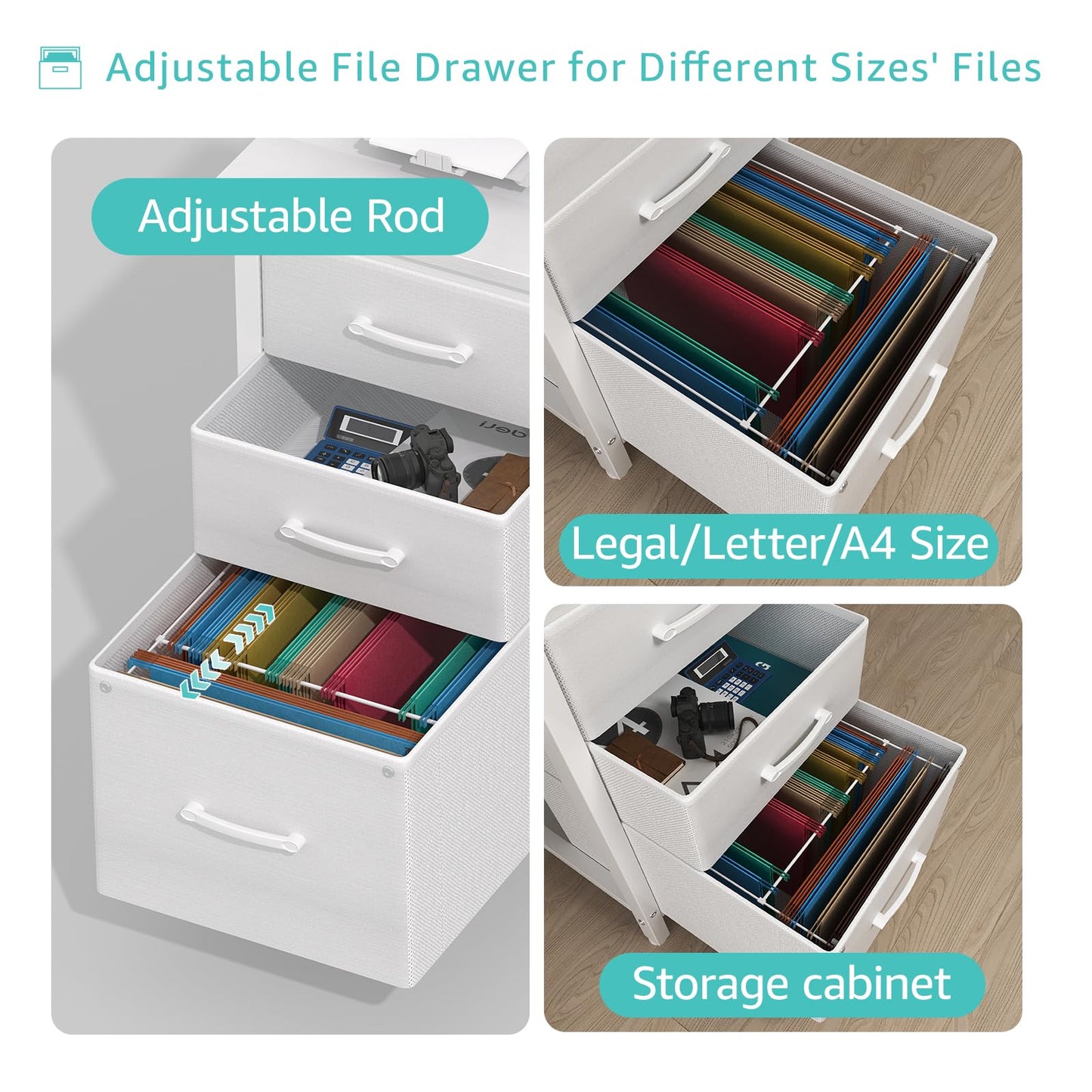 Lufeiya White Desk with File Drawers Cabinet, 47 Inch Reversible Computer Desk with Fabric Filing Cabinet for Bedroom Small Space Home Office, Modern Writing Table PC Desks, White