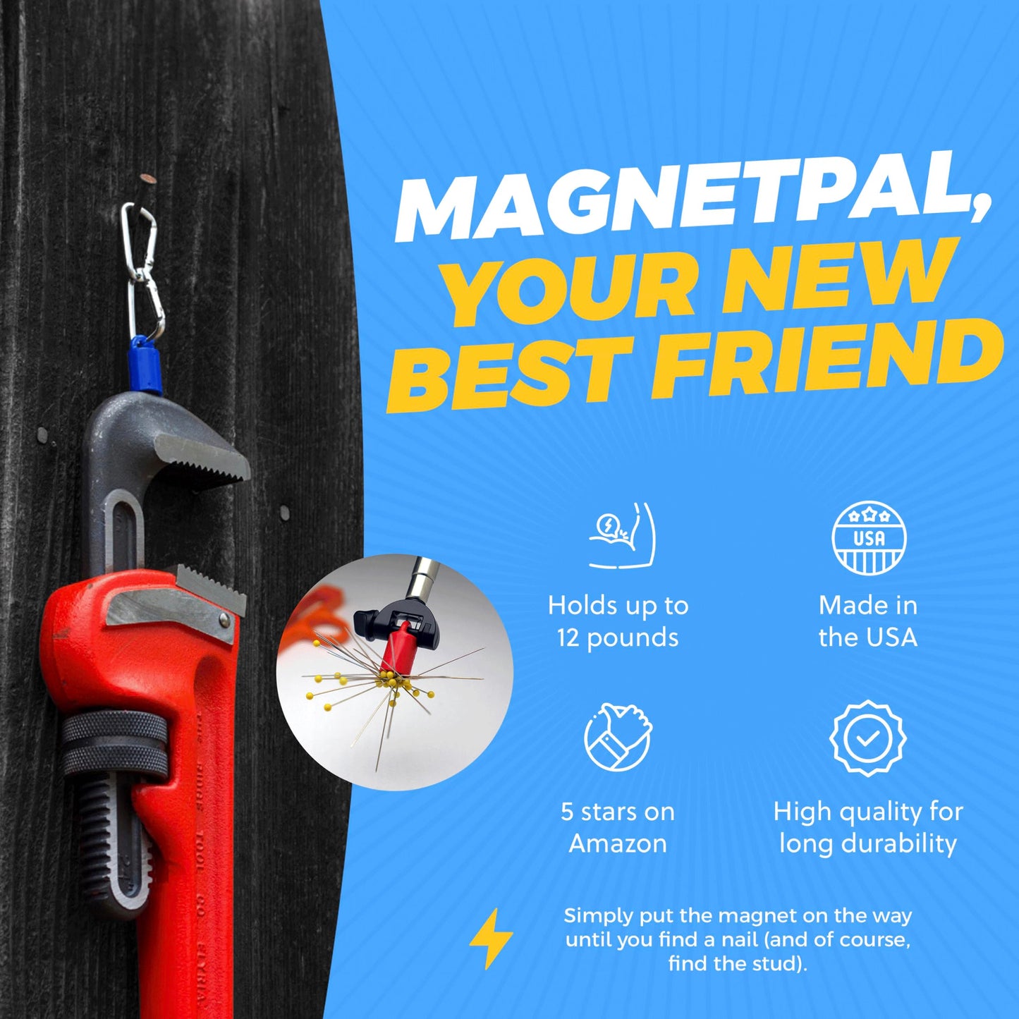 MagnetPAL Heavy-Duty Neodymium Anti-Rust Magnet, Magnetic Stud Finder, Hide-A-Key, Tool Holder & Retrieval, Most Powerful Magnet 12lb Pull, Indoor or Outdoor Multi Use Tools, Quick Release Keys Red