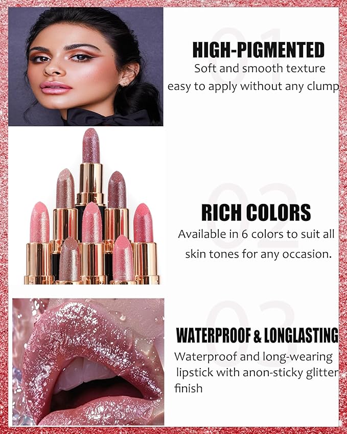 Brown Red Metallic Glitter Lipstick Long Lasting, Diamond Nude Shimmer Lip Gloss High Pigmented Matte Lip Stick for Women, Sparkling Shiny Transfer Proof Non Stick Tinted Lip Color Balm Makeup-04