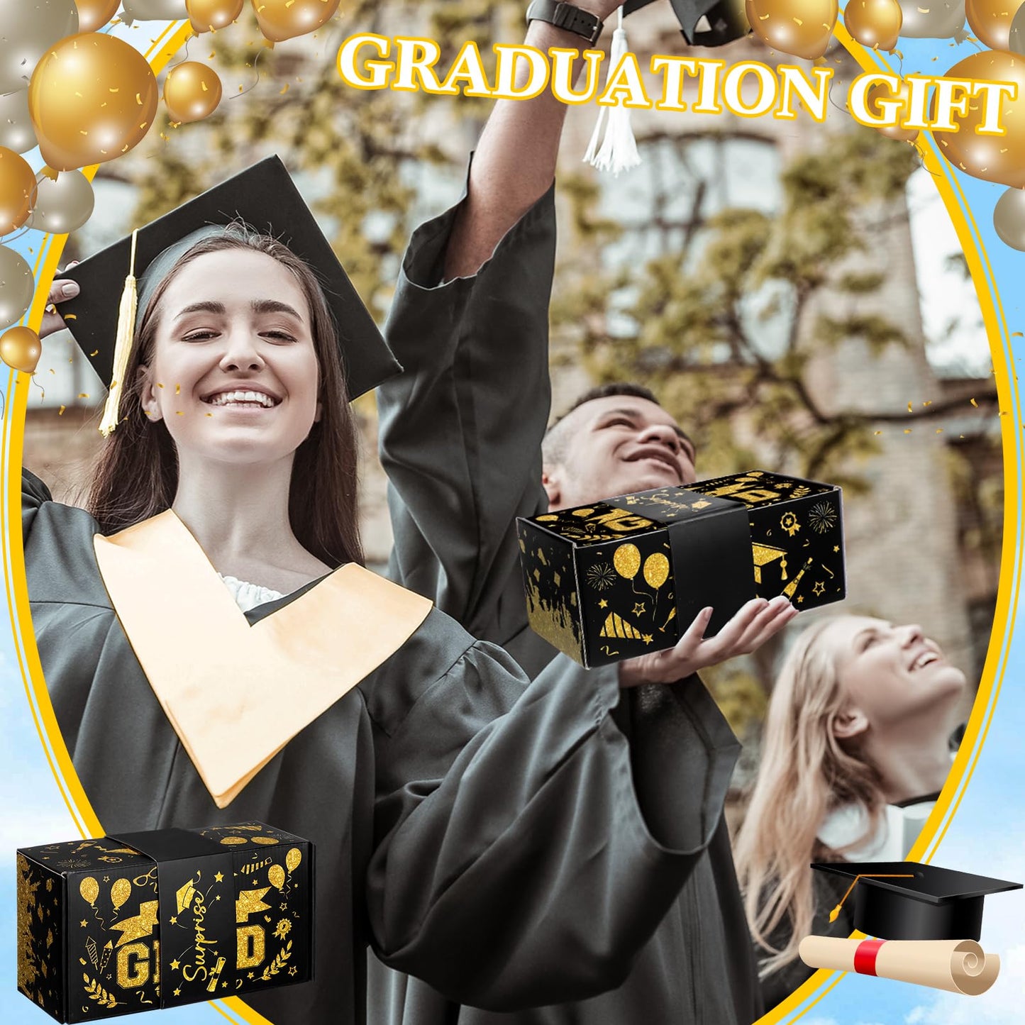 Tenceur 14 Pcs 2026 Graduation Explosion Gift Boxes 12 Bounces Exploding Money Box DIY Congrats Grad Folding Bouncing Gift Box Money Cash Explosion Gift Box for Grad College Party Favors(Black Gold)