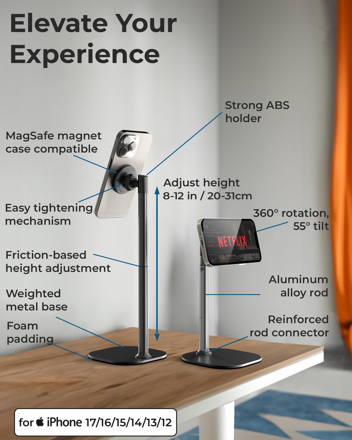 COOPER MagStand, Adjustable Magnetic iPhone Stand for Desk & Phone Holder for Video Recording, Compatible with MagSafe, Stand for iPhone 17 Pro Max, 16/15/14/13/12, Small Mag Safe Tripod (Black)