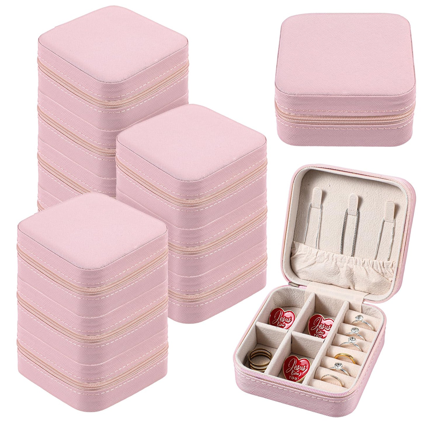 JOUTYFOR 12 Pcs Mini Travel Jewelry Case Bridesmaid Proposal Gift Boxes, Small PU Leather Earring Organizer, Bulk Travel Accessories Portable Jewelry Holder (Pink)