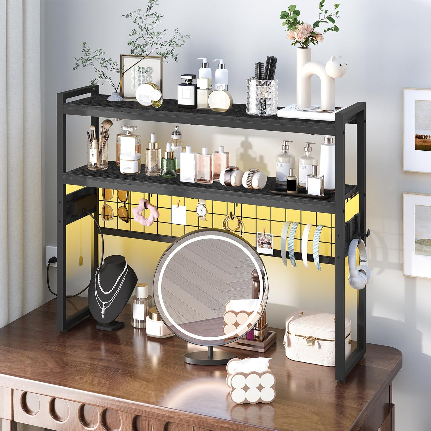 HOOBRO Desktop Bookcase, 2-Tier Desktop Organizer, 37.4" Wooden Office Storage Rack with Outlets, Display Shelf Rack with Light Strip, Desk Hutch for Office, Black BB13UDSJ01