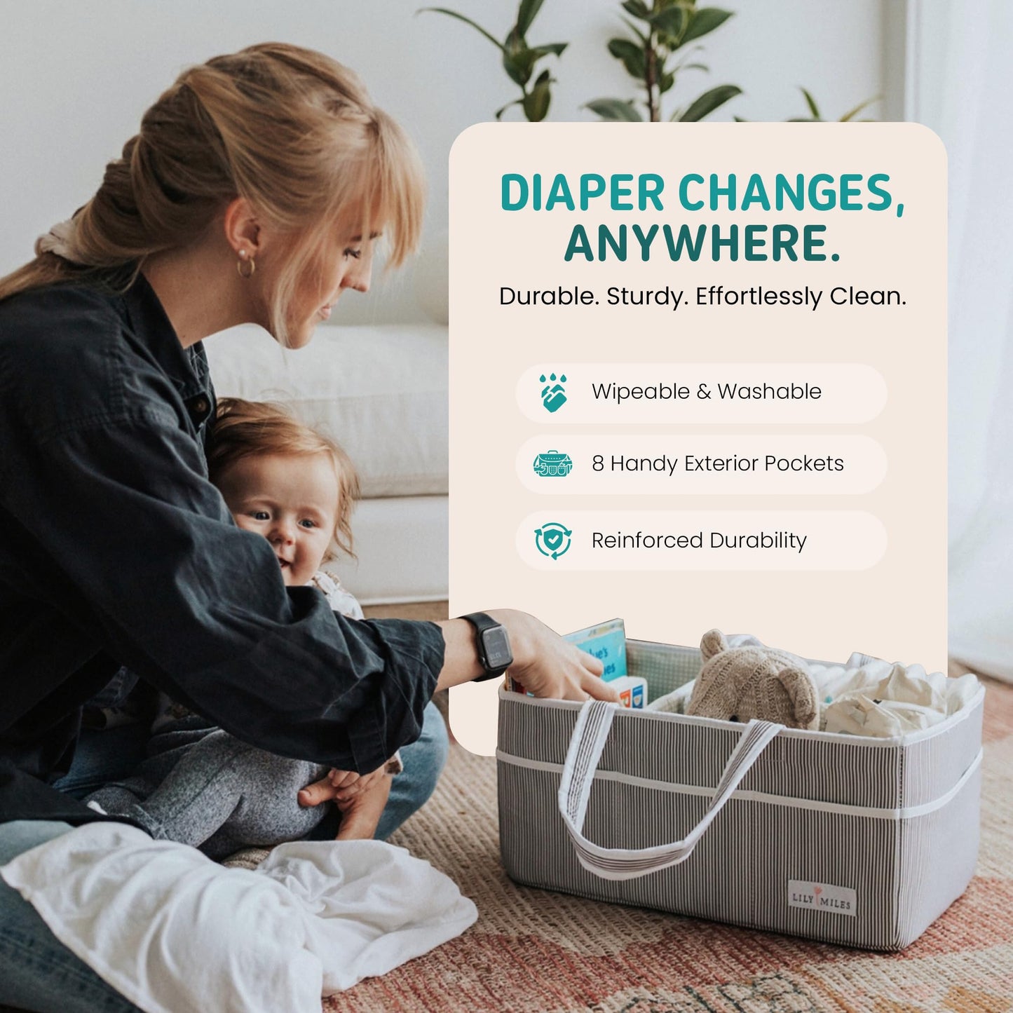 Lily Miles Baby Diaper Caddy Organizer - Large Tote Bag for Newborn essentials Boy or Girl - Baby Shower Basket - Nursery Must Haves - Registry Favorites - Newborn Caddie Car Organizer