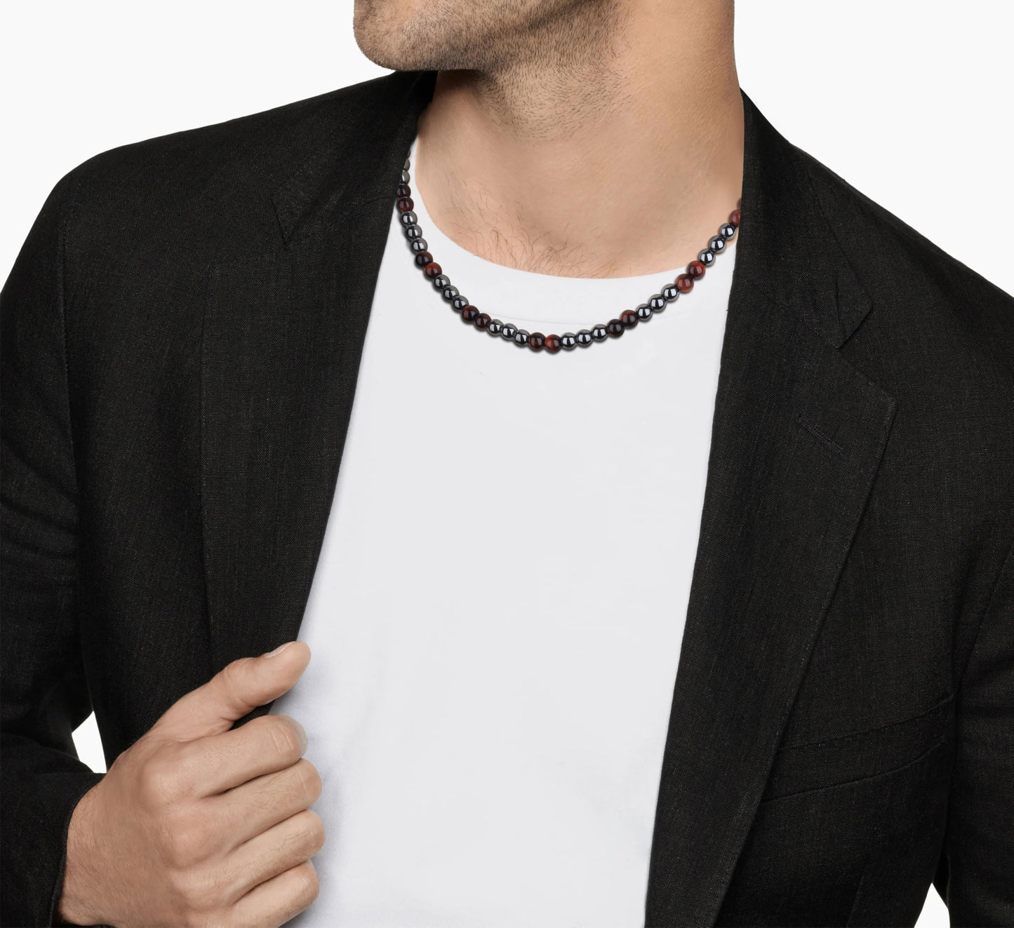 GAVU Red Tiger Eye Hematite Crystal Men's Beaded Necklace 20"