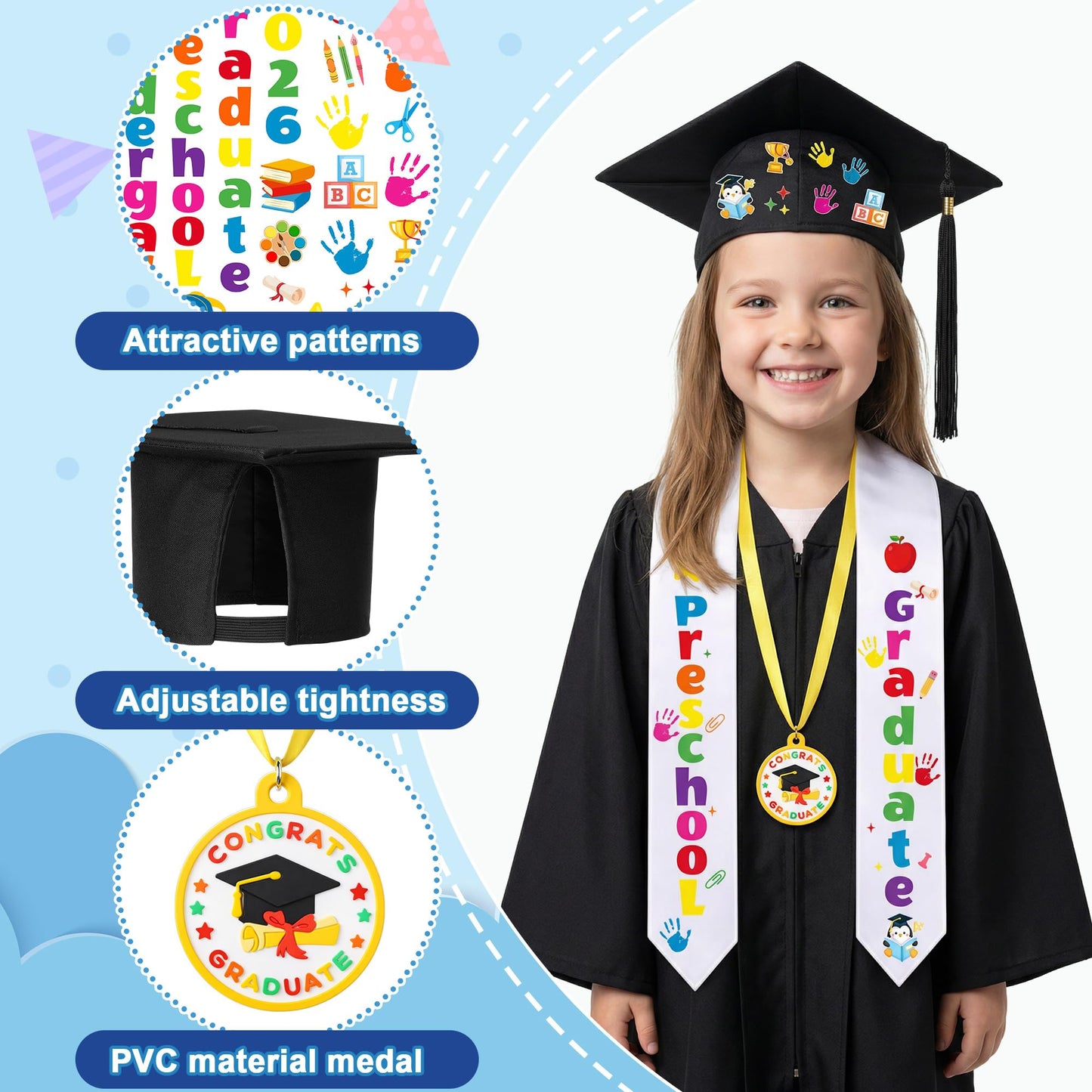 Wehhbtye 12 Pcs Preschool Kindergarten Graduation Cap Stole Iron on Letter Set, Preschool Graduation Cap Stole Decoration Includes Iron on Letters Certificate Medal for Kids Students DIY Craft