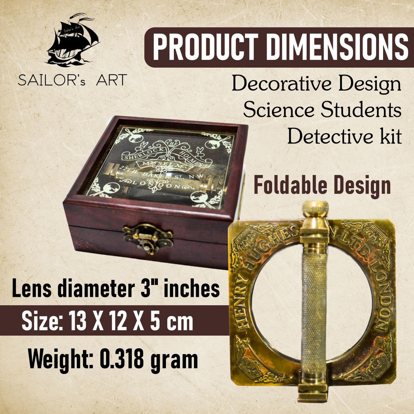 Sailor's Art Antique Brass Sherlock Holmes Fancy Magnifying Glass Handheld Decorative Handle with Wooden Box- Consulting Detective Home Decor- Decorative Design Science Students Detective kit