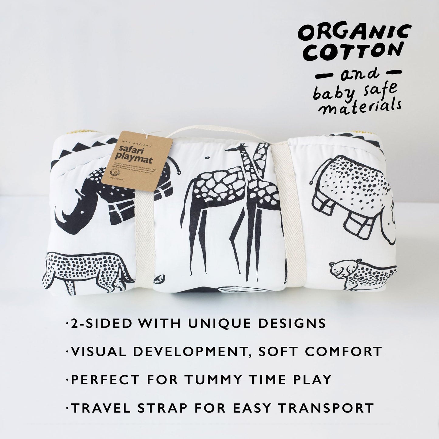 Wee Gallery Explore Playmat for Babies, Soft Cotton and High-Contrast Baby Play Mat for Infants & Toddlers, Reversible, Washable, Portable Tummy Time Rug, Safari