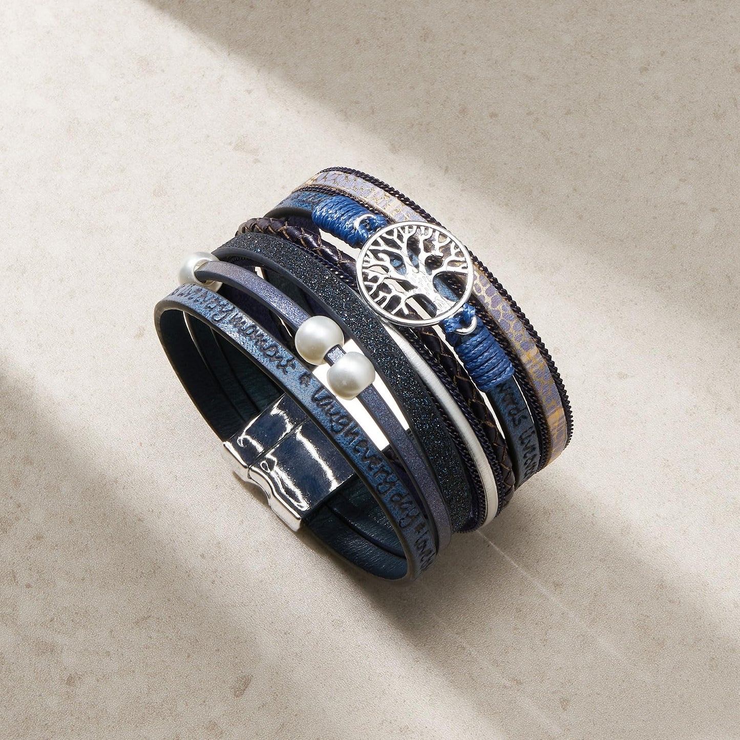 QIUTIMIY Leather Bracelets for Women Trendy Boho Cuff Bracelet Layered Bangle with Clasp Hand Wrist Jewelry Western(Style 5-Navy)