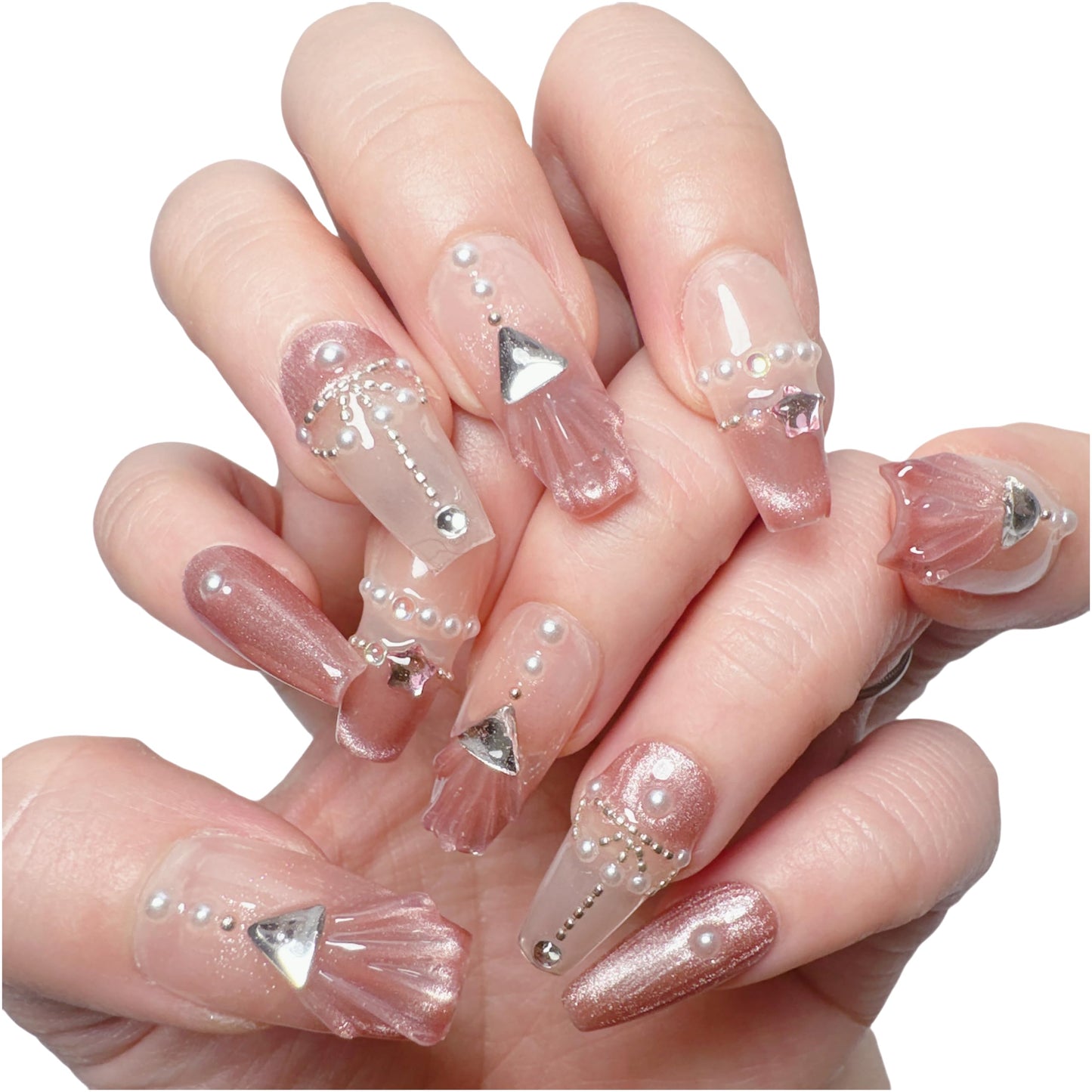 NLSJMP, 10Pcs,Size M, Handmade Long Press on Nails Ombre Balerina Acrylic Fake Nails Kit,3D Glitter Pearl Design Nail Art Kit,Reusable False nails,Include Toolkit,Elegent