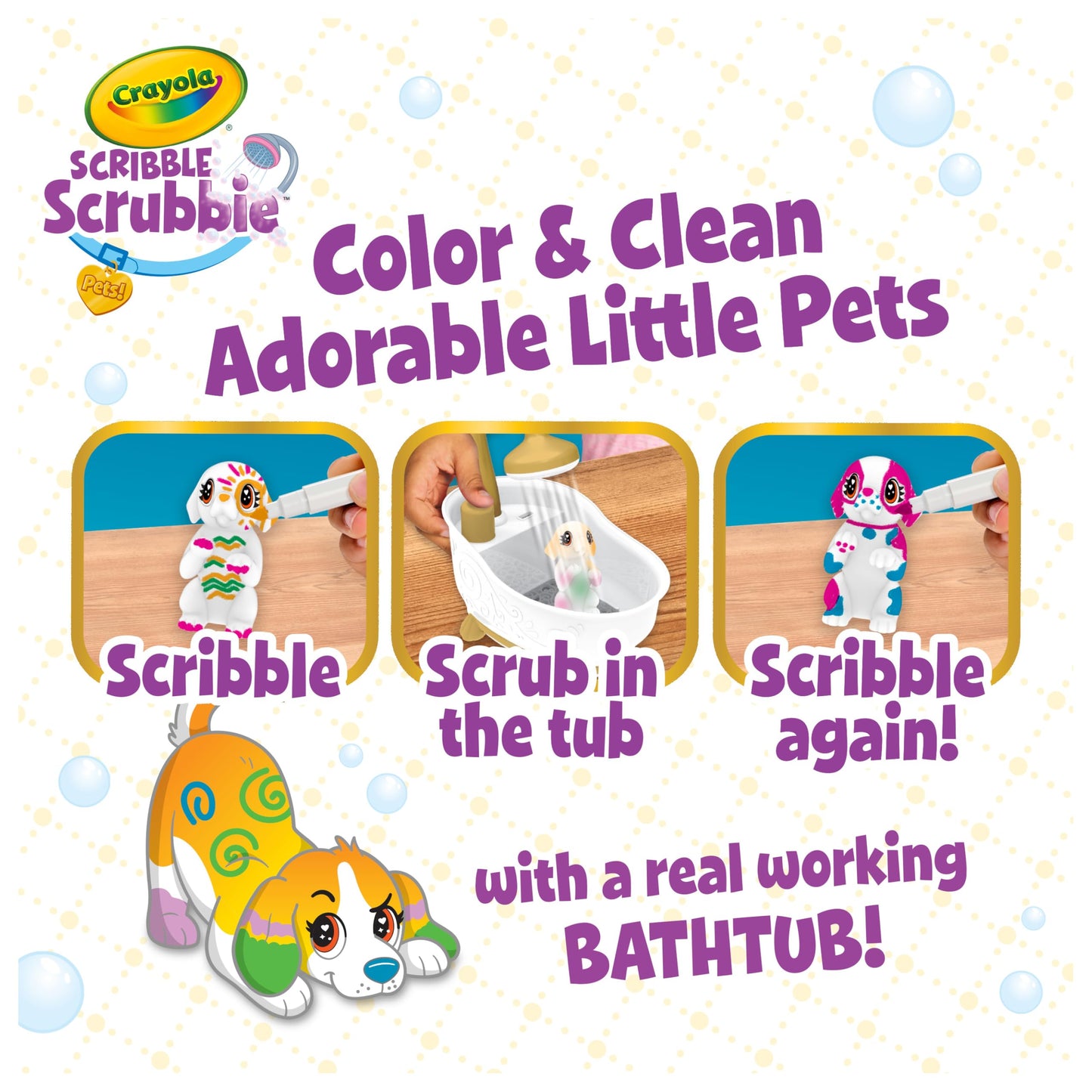 Crayola Scribble Scrubbies Glam Pack (4 Pets), Washable Pet Care Toy & Coloring Animal Craft Kit, Gift for Kids, Playset for Girls & Boys, Ages 3+