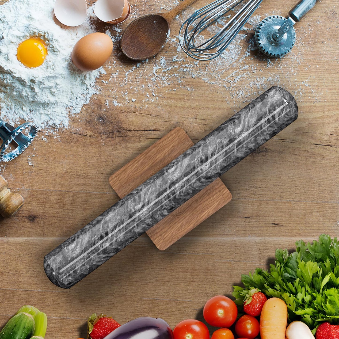 Marble Rolling Pin with Wooden Stand, FiiMan 12 Inch Heavy Rolling Pin for Dough, Stone French Polished Non-Stick Roller Pins For Baking Cookie Pizza Pastry (Black)