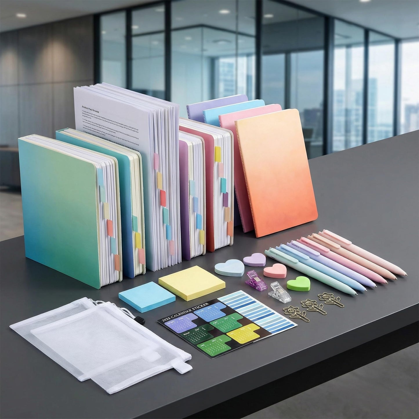 GicCheShark Aesthetic Stationery Set 166 Pcs Cute School Office Supplies with Pencil Case Notebook Gel Pens Sticky Notes Label Stickers File Folders Paper Clips for School Work Office Use