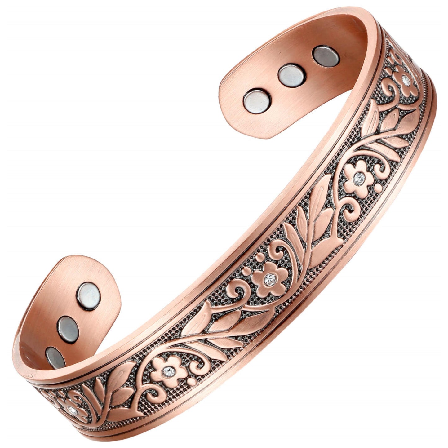 Earth Therapy Women's Floral Crystal Magnetic Copper Cuff Bracelet - Adjustable Sizing - Ultra Strength