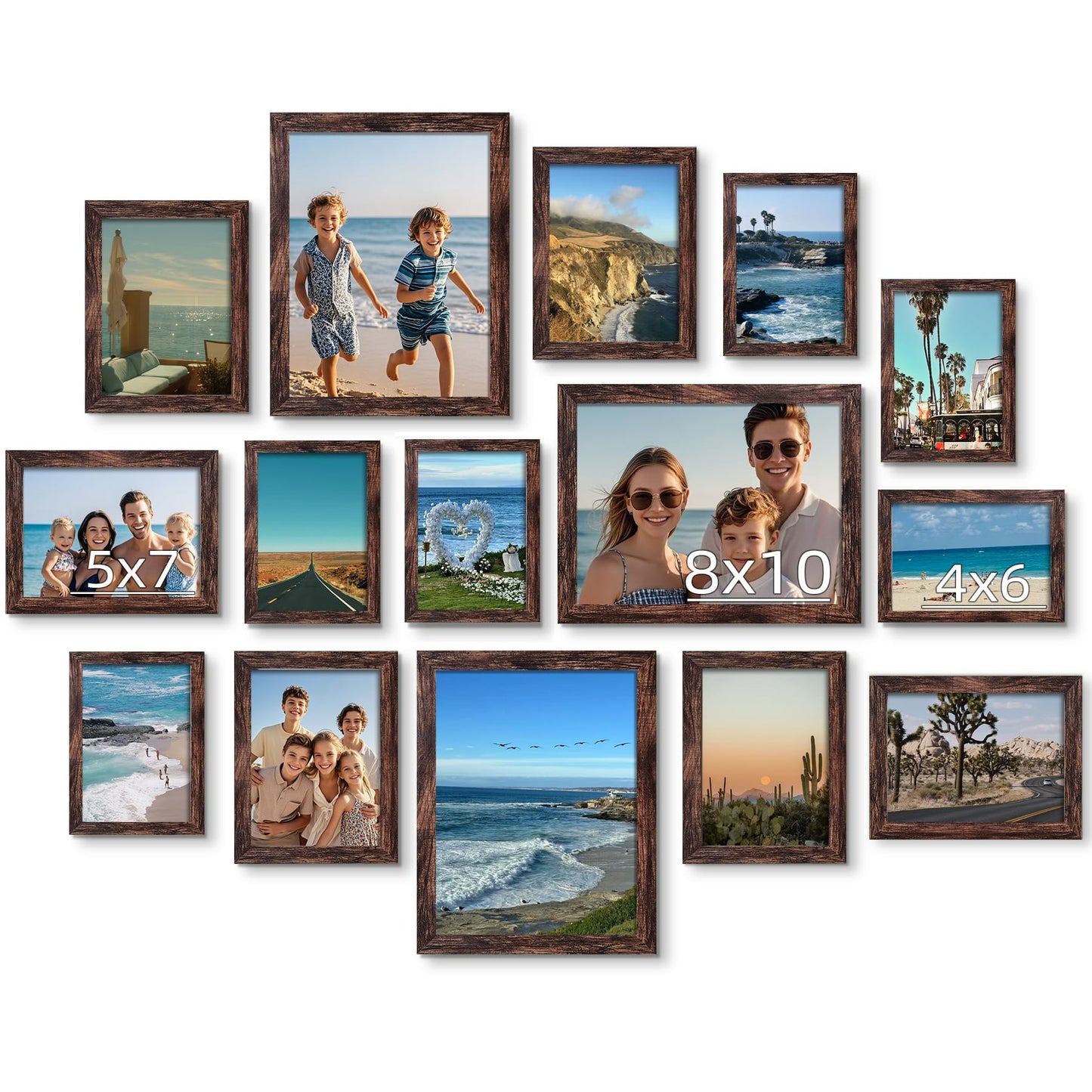 BESCRCL 15 Pack Real Glass Picture Frames Collage Wall Decor, Including 3pcs 8x10, 6pcs 5x7, 6pcs 4x6 Photo Frames for Gallery Wall or Tabletop Display, Brown