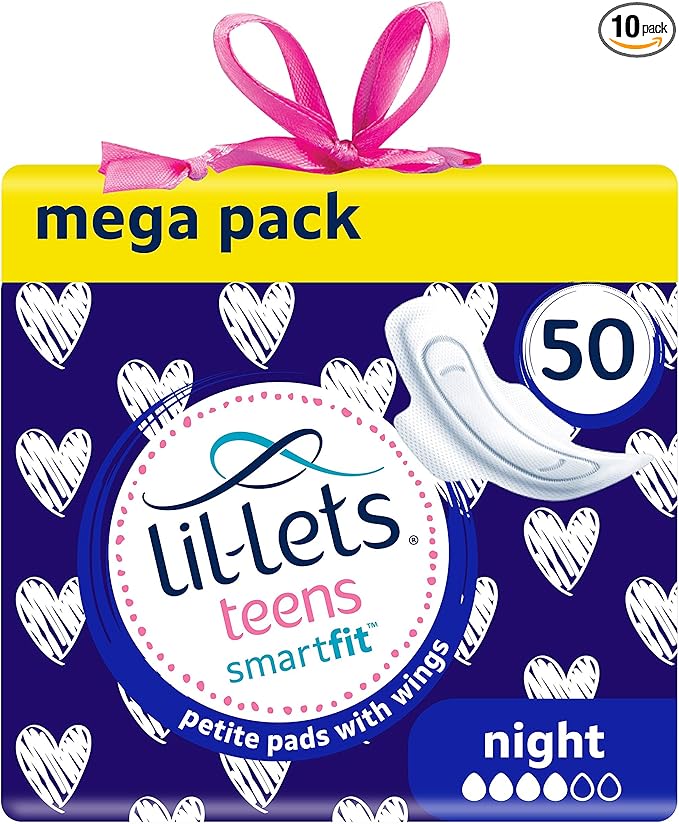 Lil-Lets Teens Night Pads with Wings - 50 Count Period Pads - Thin, Super Absorbent Sanitary Napkins, Soft & Breathable, Fragrance Free - First Periods, Heavy Flow Nights
