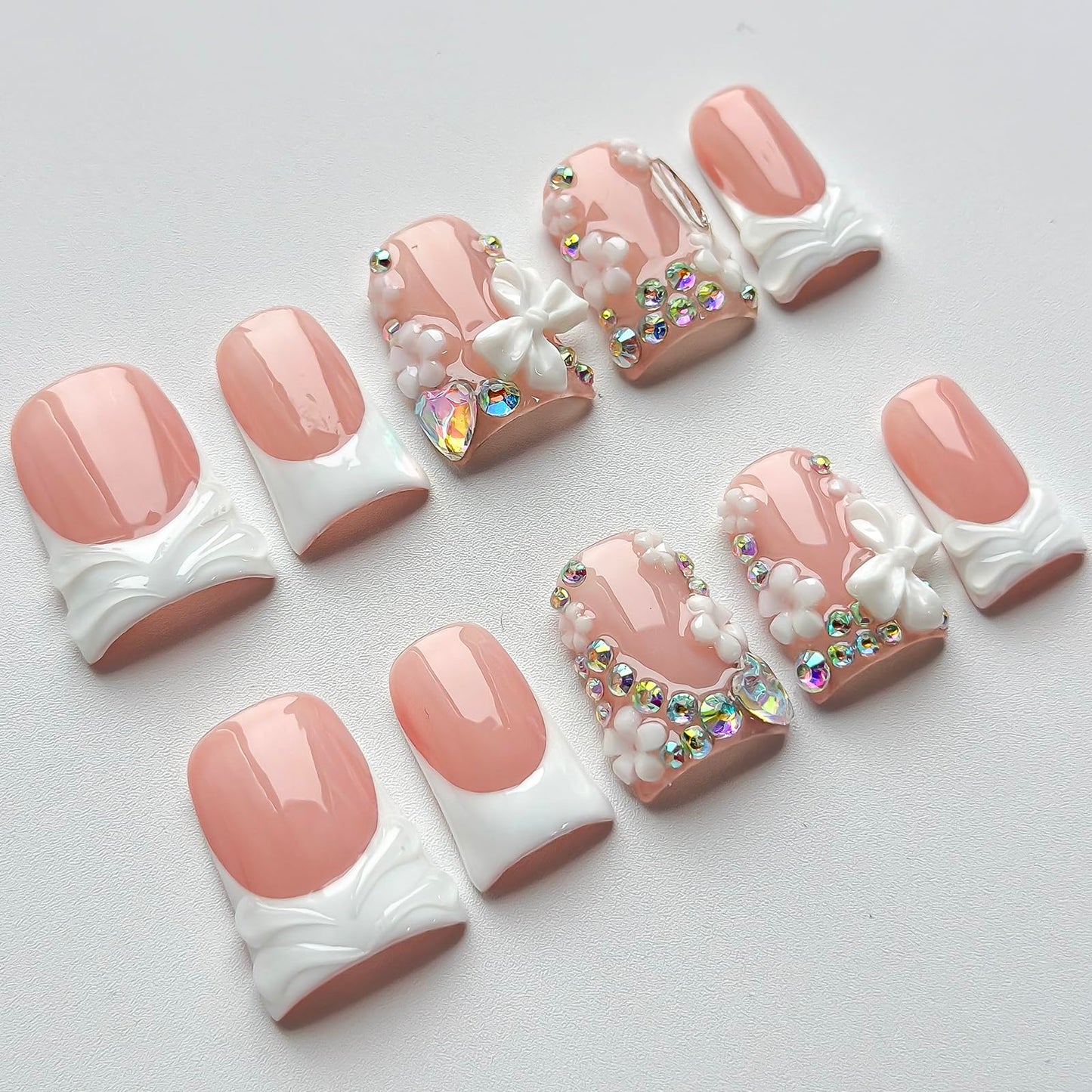 Luxury Press on Nails Short Duck Handmade 3D Unique Reusable ABS Material Fake Nails White French Tip False Nails with Designs Flower Butterfly Rhinestones Glossy Glue on Nail Thick Acrylic Nail(M)