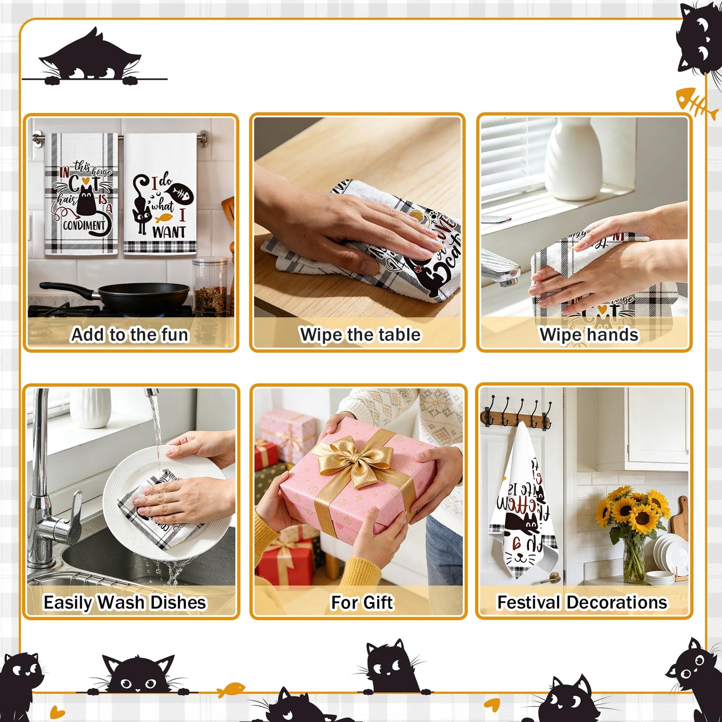 Vetoxka 4 PCS Black Cat Decor Kitchen Towels - Set Quick Drying Cute Hand Tea Dish Towel for Accessories Checkered Funny Saying Kitty Plaid for Cat Lover Home Decorations Bathroom Housewarming Gifts