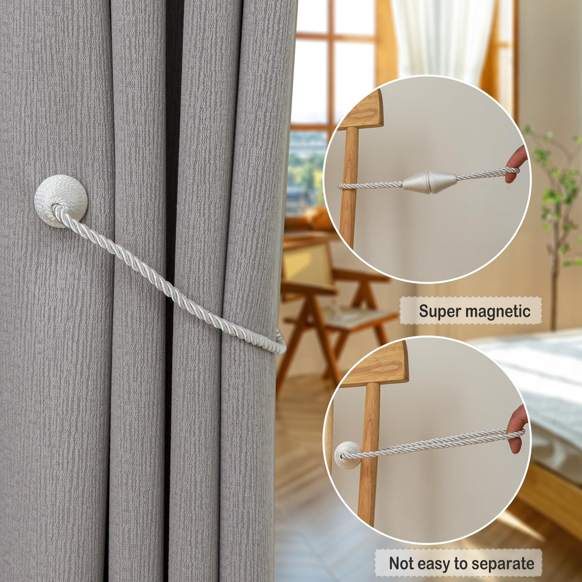 Magnetic Curtain Tiebacks 2 Pack Outdoor Rope Curtain Tie Backs Decorative Window Treatment Holdbacks for Home Decorative Curtain (2 Count)