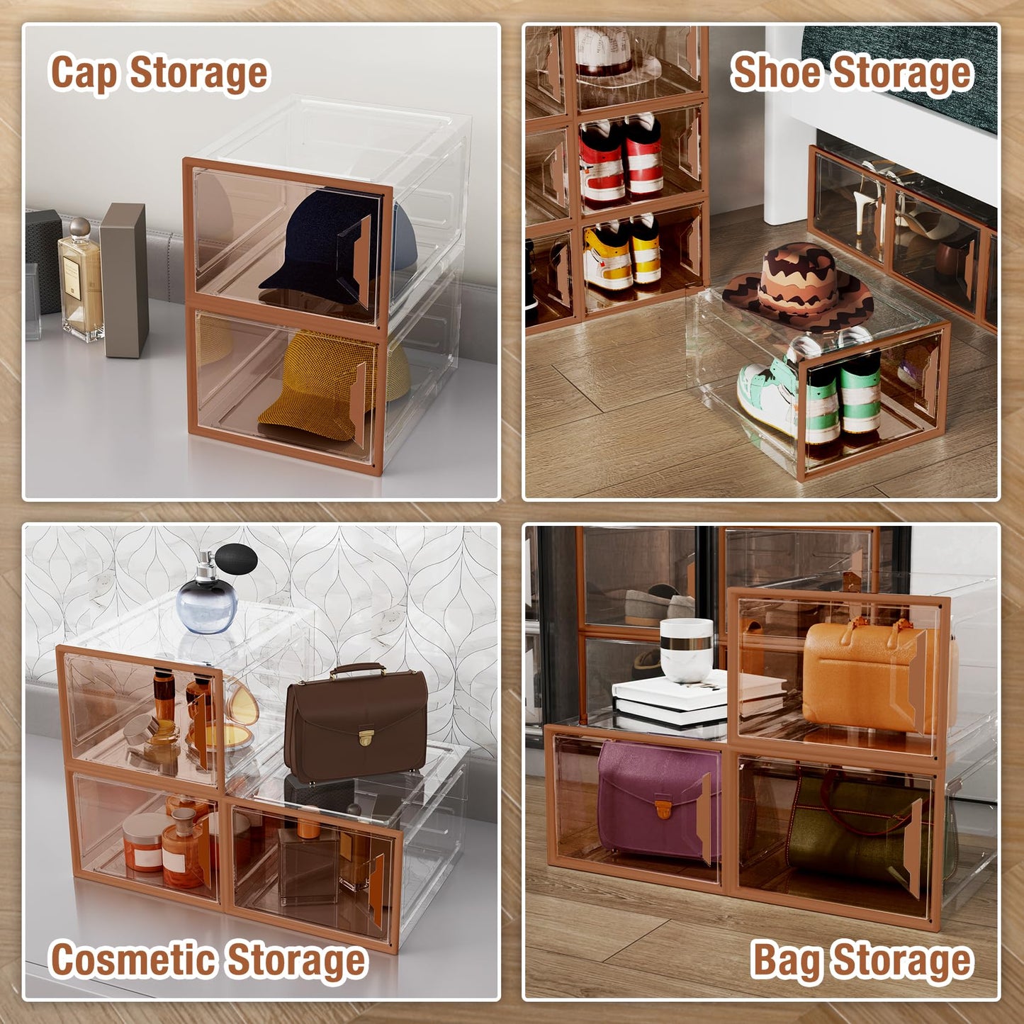 ADTO X-Large Stackable Shoe Boxes - Clear Plastic Shoe Storage Boxes with Magnetic Door, Thicken Shoe Organizer for Closet, Space Saving Foldable Shoe Containers Bins for Sneaker Boot - 6 Pack(Brown)