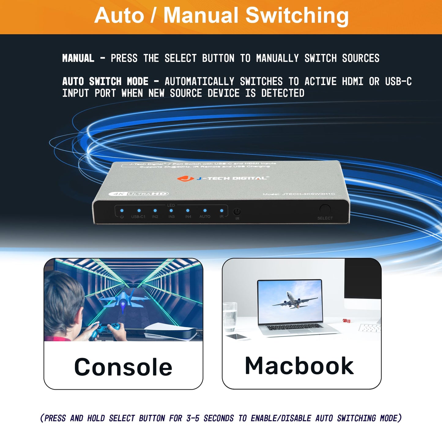 J-Tech Digital 4K 60Hz 4x1 HDMI & USB-C Switch | 3 HDMI + 1 USB-C Input, 1 HDMI Output | Compatible w/HDR & Dolby Vision | IR Remote, Auto Switch, CEC, Digital Audio [JTECH-4KSW3H1C]